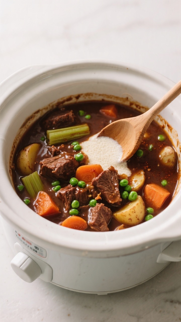 Cooking process: Overhead shot of the stew mid-finish in the slow cooker as a cornstarch slurry has 