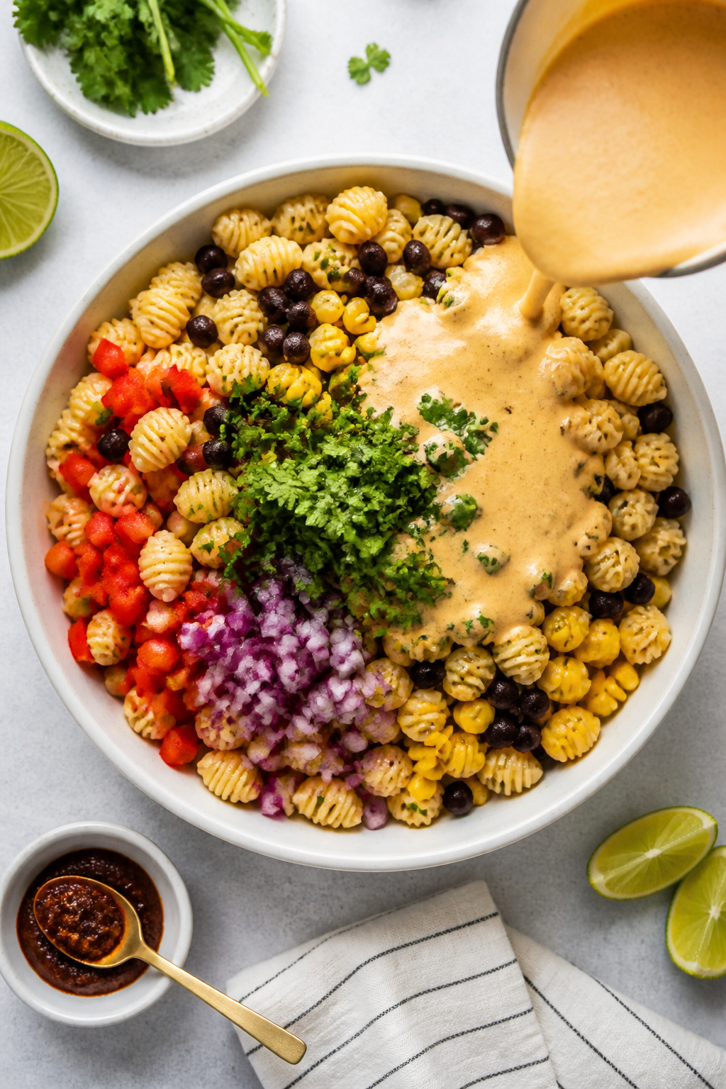Cooking process: Overhead shot of the “toss the base” step—cooled al dente chickpea pasta in a