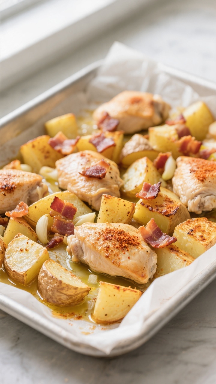 Cooking process, overhead shot: Roasted potato cubes in a 9x13 pan just after the first bake, golden