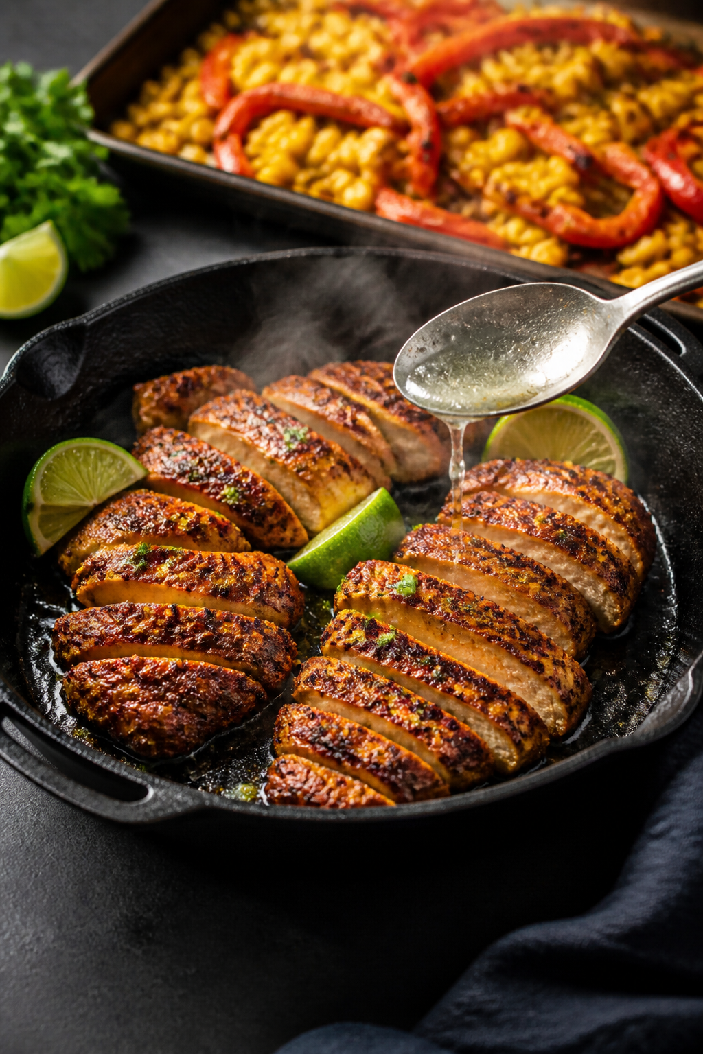 Cooking process: Pan-seared Southwest chicken in a cast-iron skillet, golden-brown with visible char