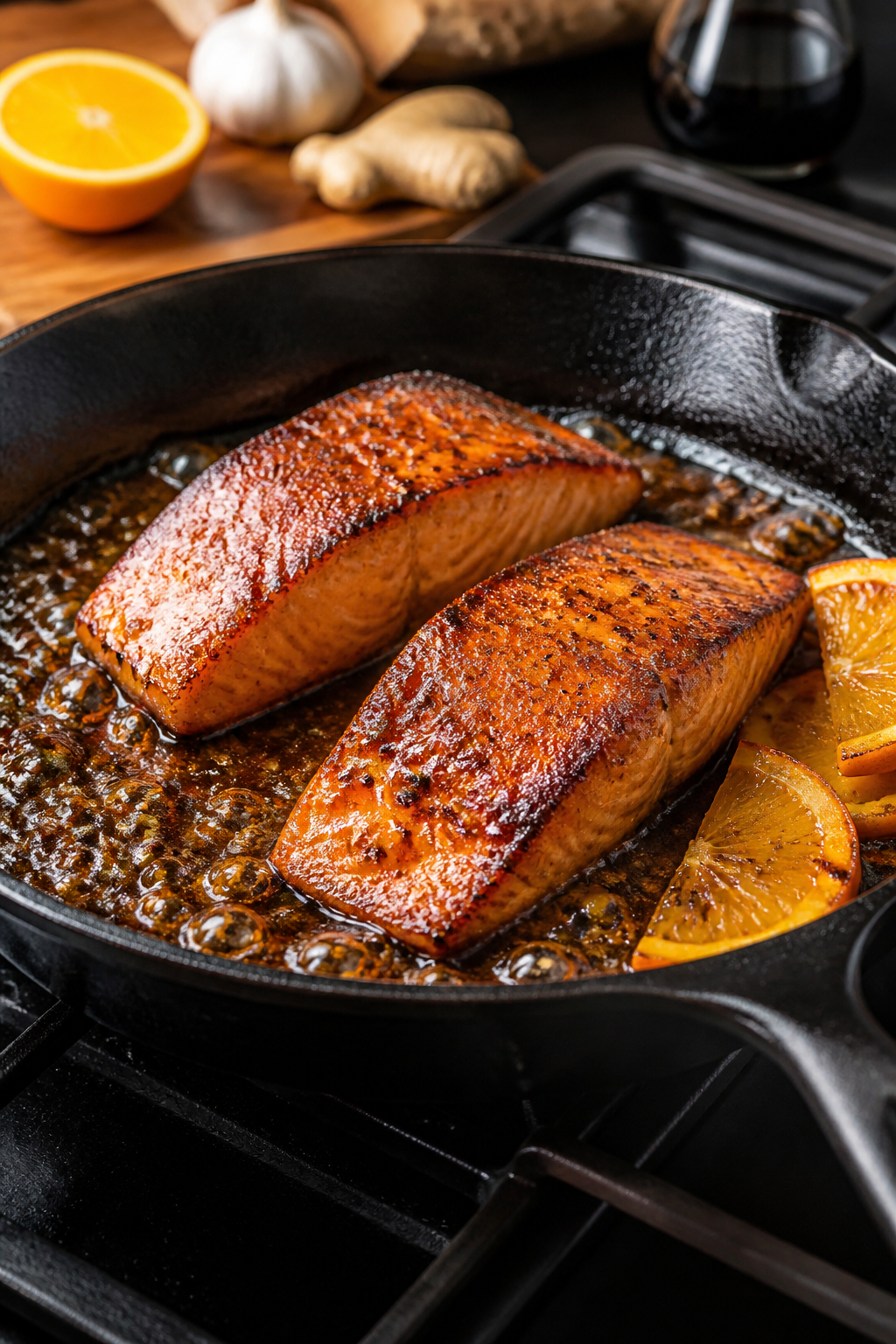 Cooking process: Pan-to-oven sear moment—salmon fillets just flipped in a hot cast-iron skillet, w