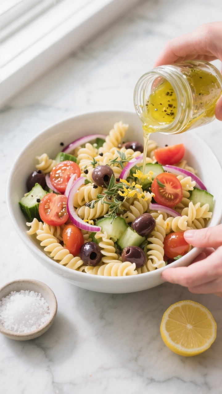Cooking process – pasta salad base being tossed: Overhead shot of a large white mixing bowl filled