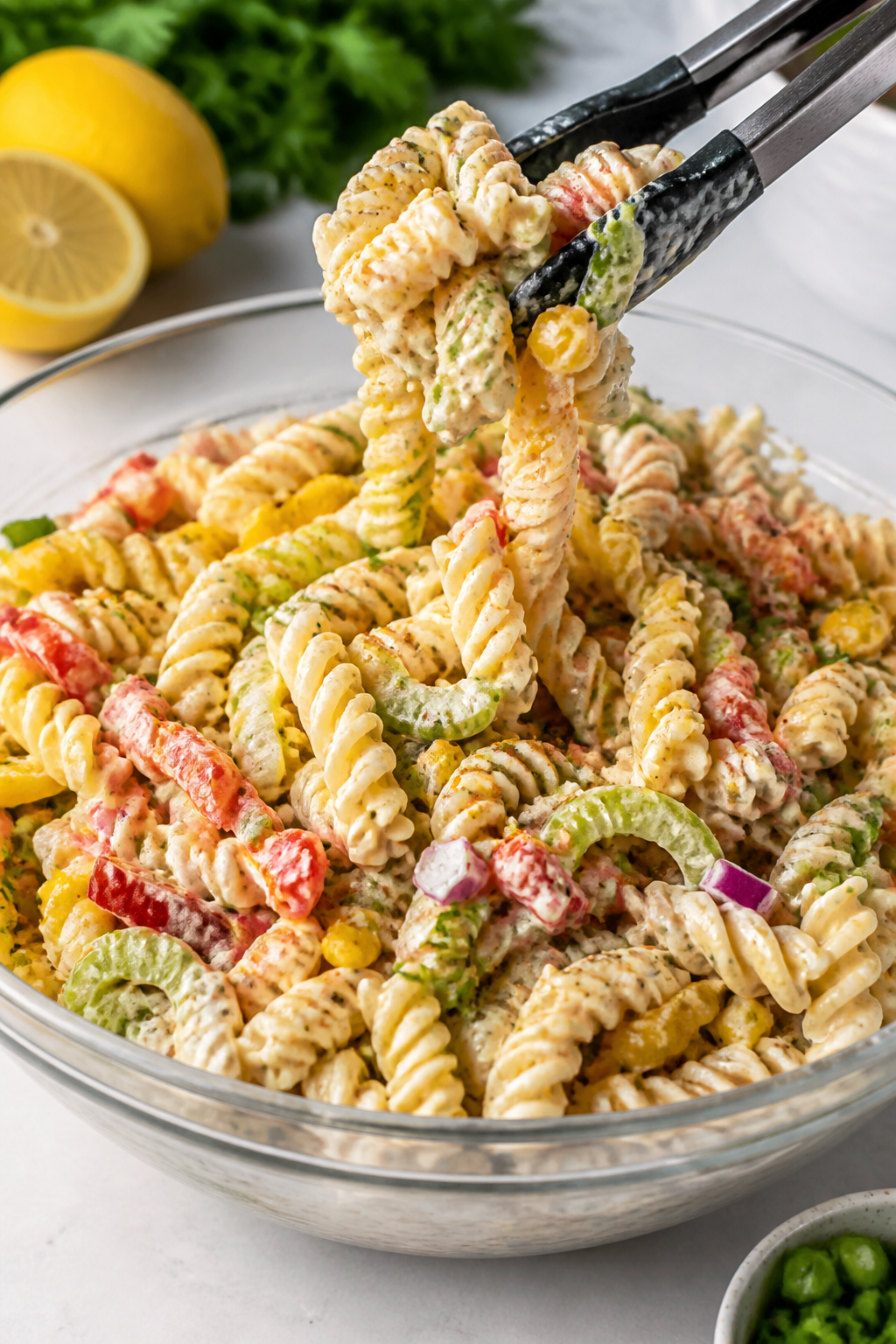 Cooking process: Rotini pasta salad being tossed in a large mixing bowl—cooked pasta already coate