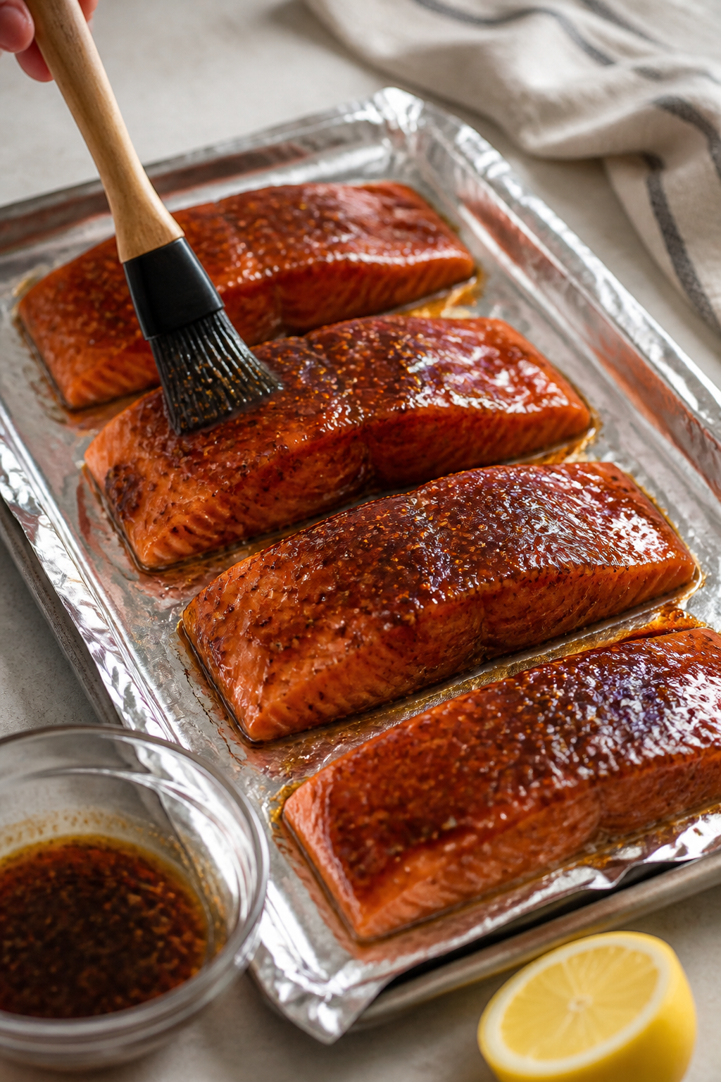 Cooking process: Salmon fillets on a foil-lined baking sheet mid-prep as the glaze is brushed on—t