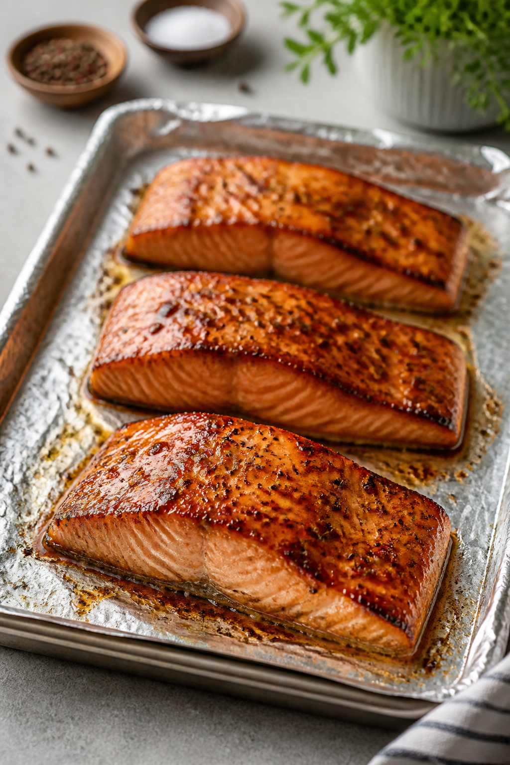 Cooking process: Salmon fillets on a foil-lined sheet pan at the broil finish, glaze visibly melting