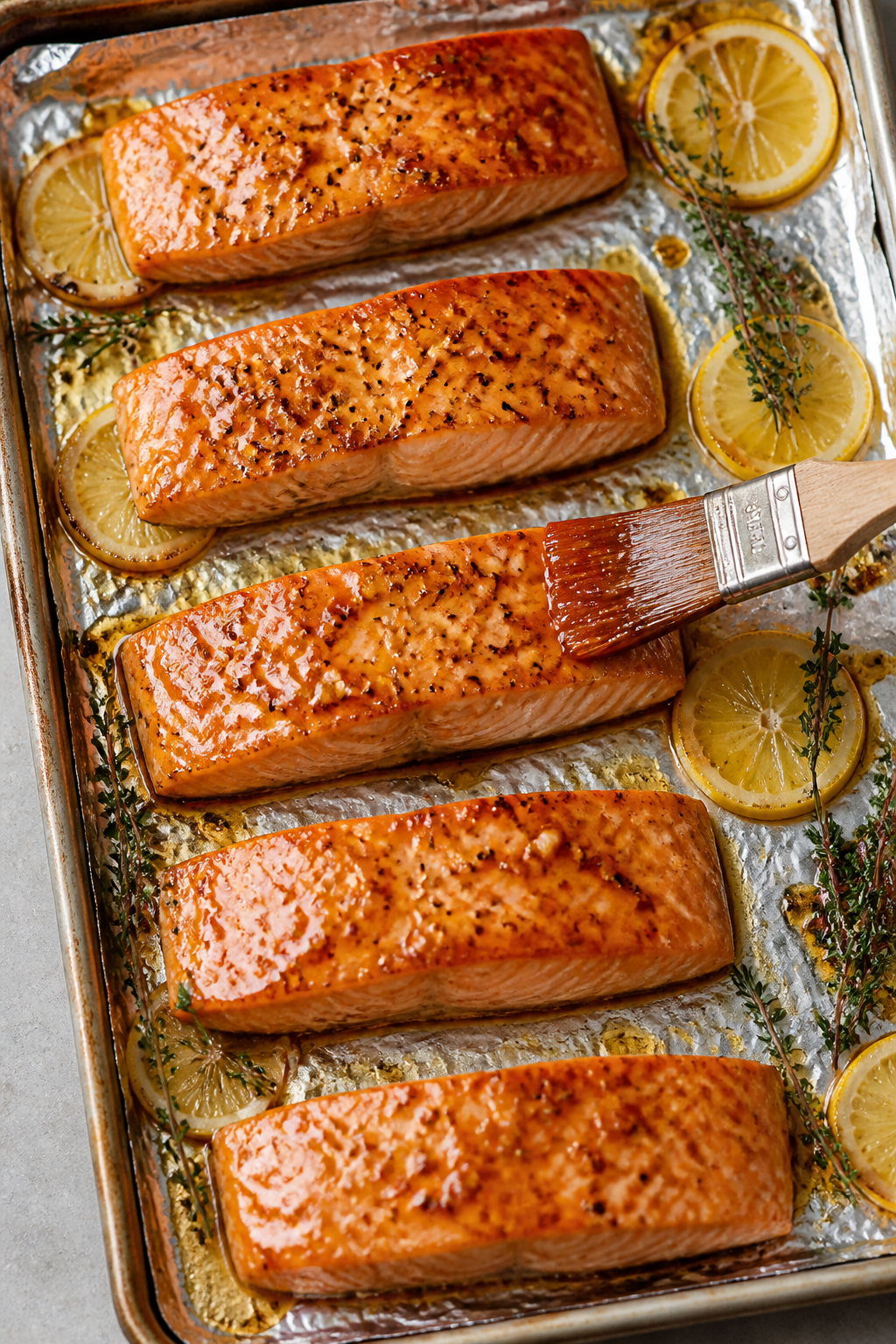 Cooking process: Salmon fillets on a foil-lined sheet pan mid-bake at 400°F, skin-side down, being 
