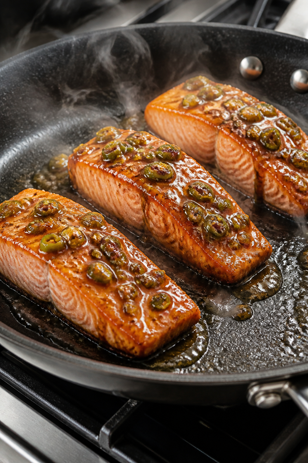 Cooking process: Salmon fillets searing skin-side down in a preheated oven-safe skillet on the stove