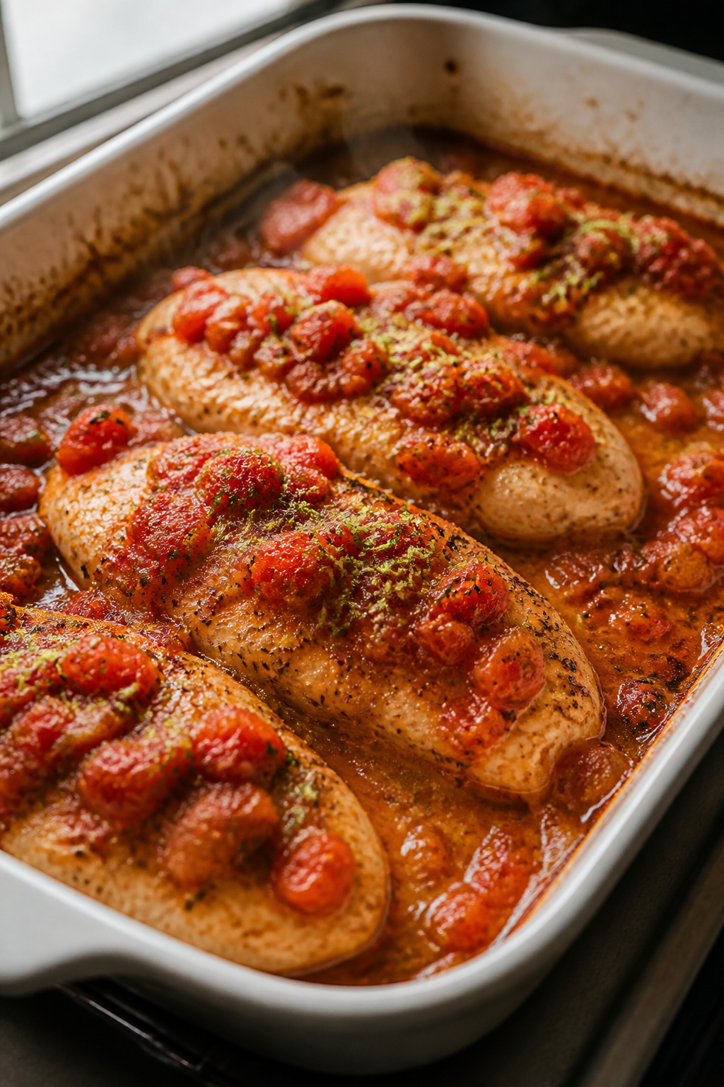 Cooking process — Salsa-baked chicken in the oven: Mid-bake shot of seasoned chicken breasts nestl