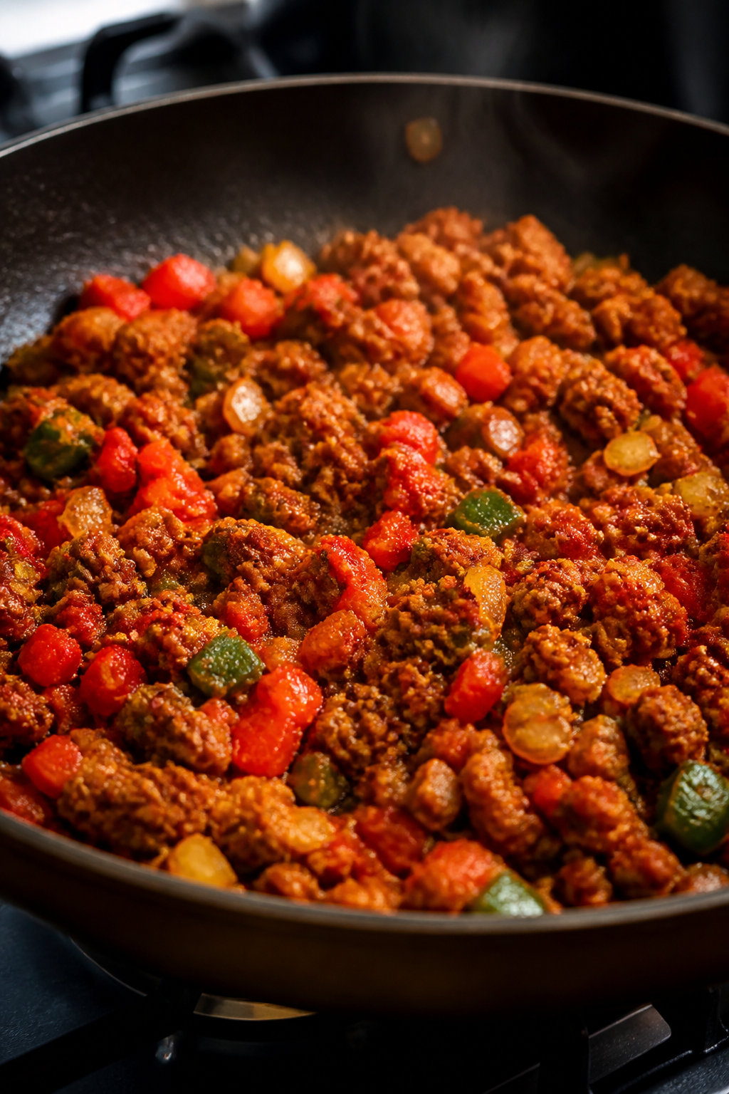 Cooking process — Sauté and spice bloom: Close-up of a large skillet on the stove with softened d
