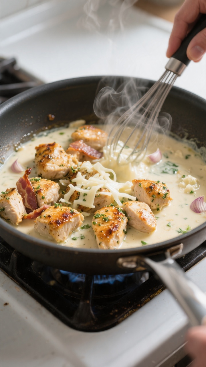 Cooking process: Sauté pan scene of bite-size chicken pieces tossed in ranch seasoning searing to a