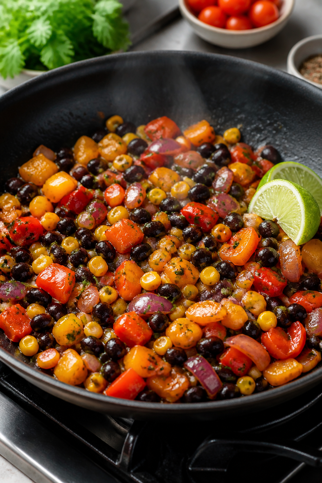 Cooking process: Sautéed bell pepper, red onion, and minced jalapeño softening in a nonstick skill