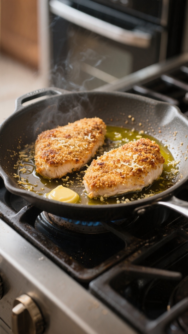 Cooking process: Sear-then-bake technique in action—breaded chicken cutlets sizzling in an oven-sa