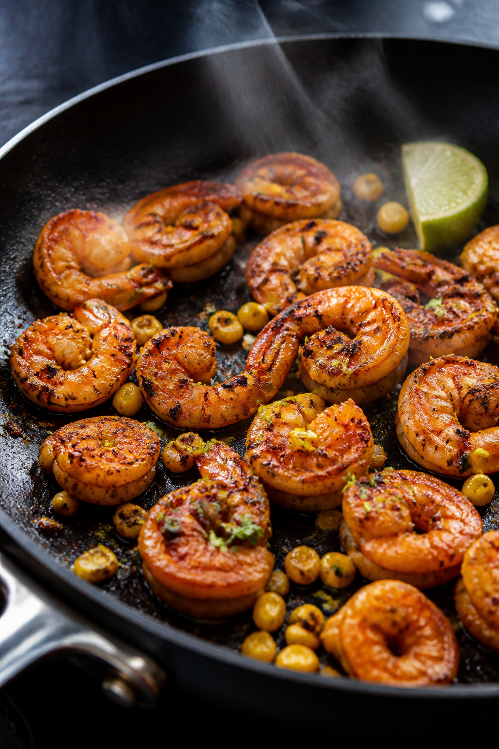 Cooking process — Searing chili-lime shrimp: Close-up of spiced shrimp sizzling in a nonstick skil