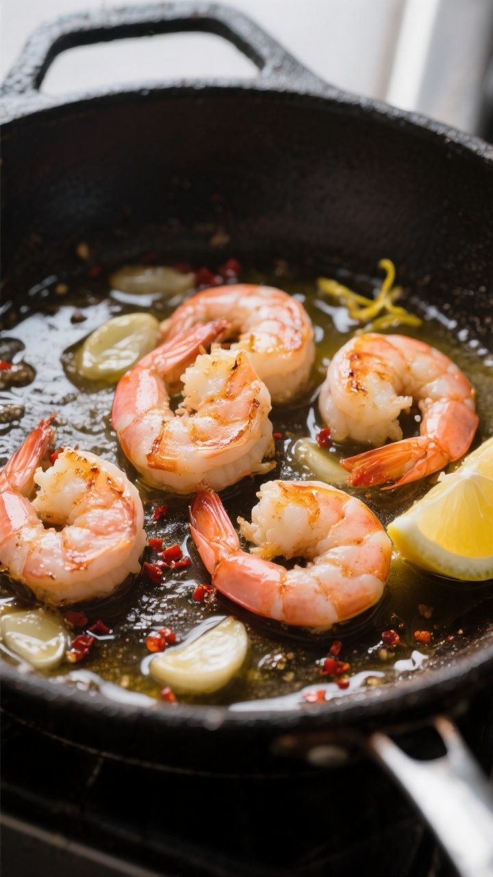 Cooking process — Searing shrimp in a skillet: Large pink shrimp just turned opaque with light gol
