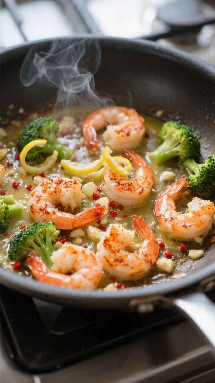 Cooking process — Searing shrimp in garlic butter: Close-up of plump, paprika-dusted shrimp sizzli