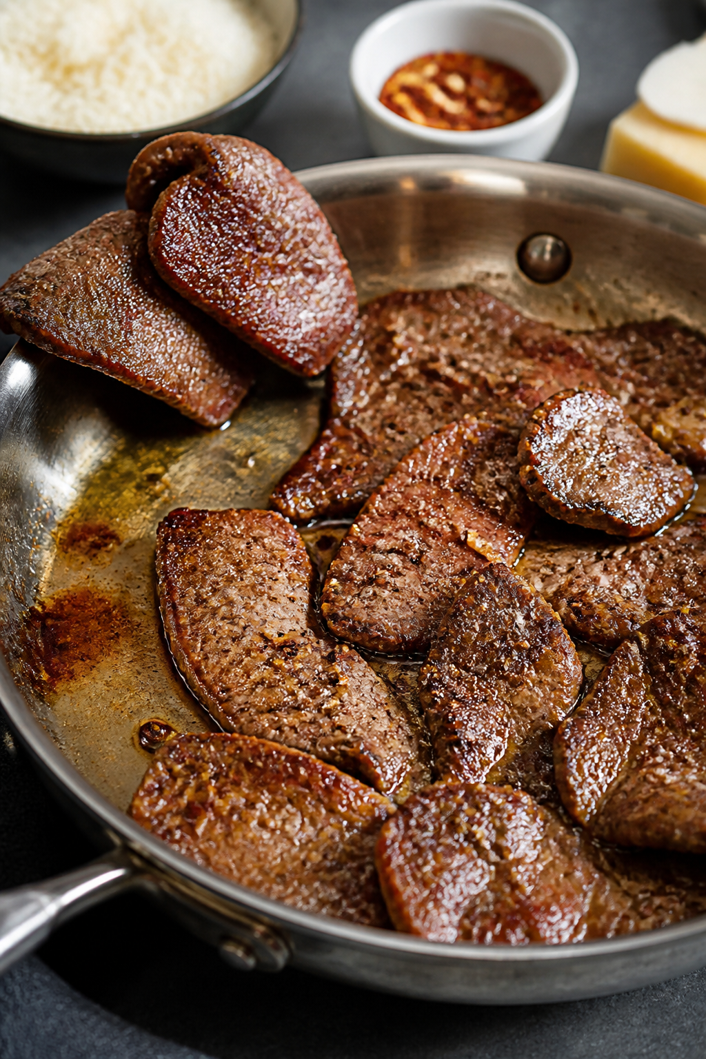 Cooking process – Searing the beef: Thinly sliced sirloin searing in a stainless-steel skillet ove