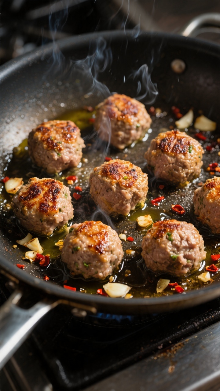 Cooking process: Searing turkey meatballs in a stainless skillet, showing a deep golden crust formin