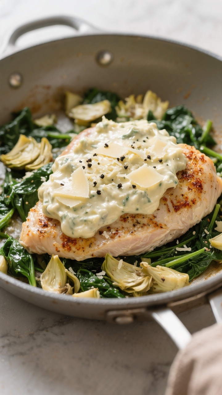 Cooking process: Seasoned chicken breasts in a large oven-safe skillet just after being topped with 