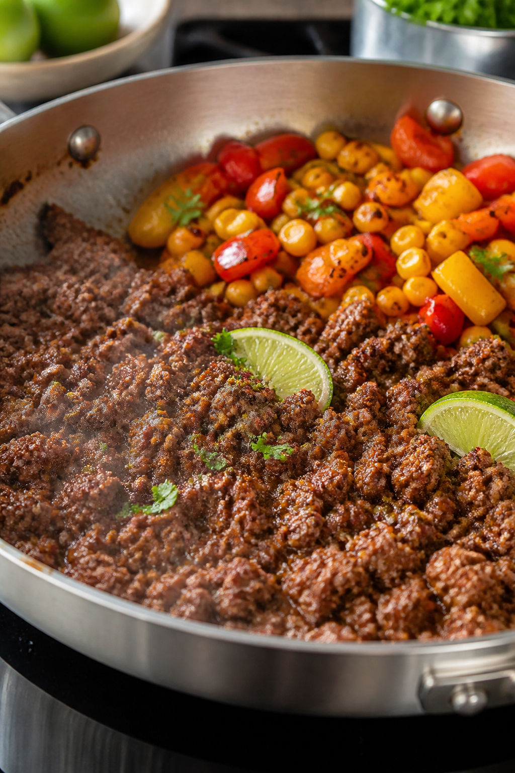 Cooking process – seasoned lean ground beef: Medium-close shot of lean ground beef browning in a w