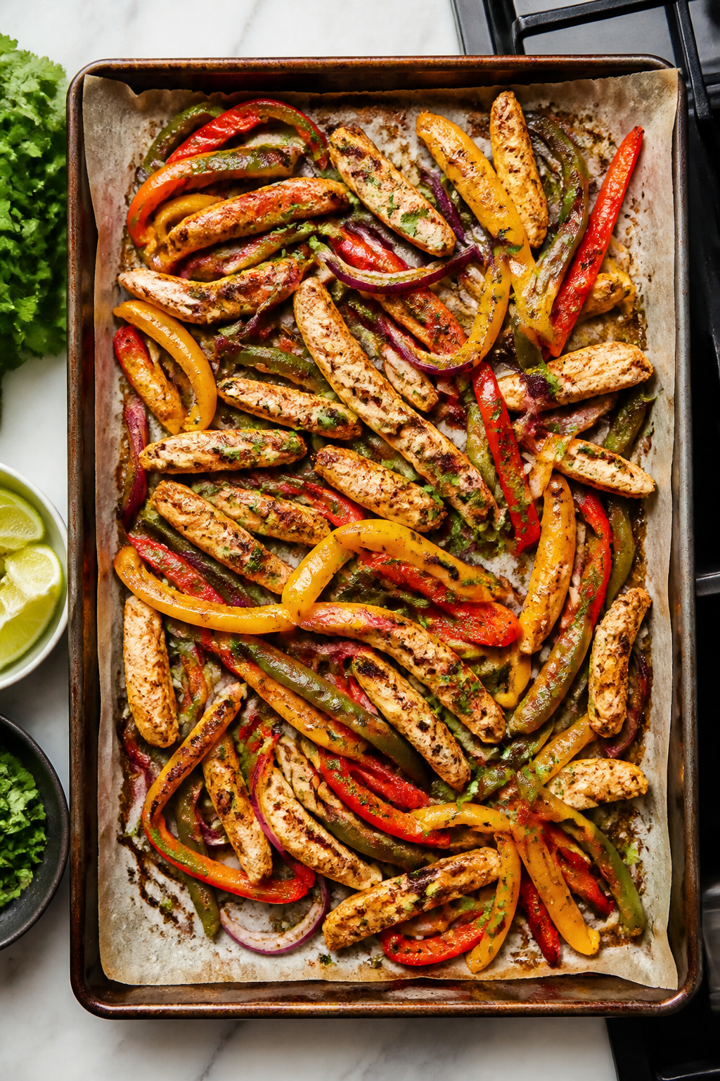 Cooking process, sheet pan roast: Overhead shot of a parchment-lined sheet pan just out of the oven,