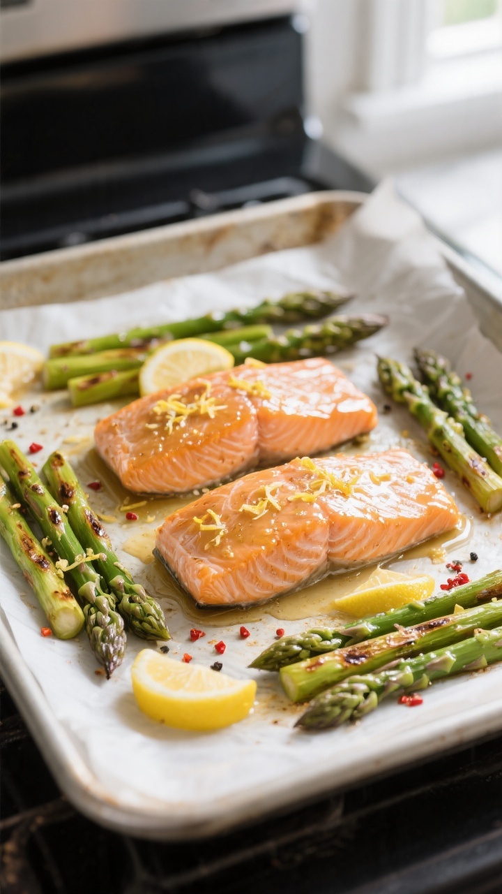 Cooking process: Sheet pan salmon and asparagus roasting at 425°F, salmon fillets skin-side down in