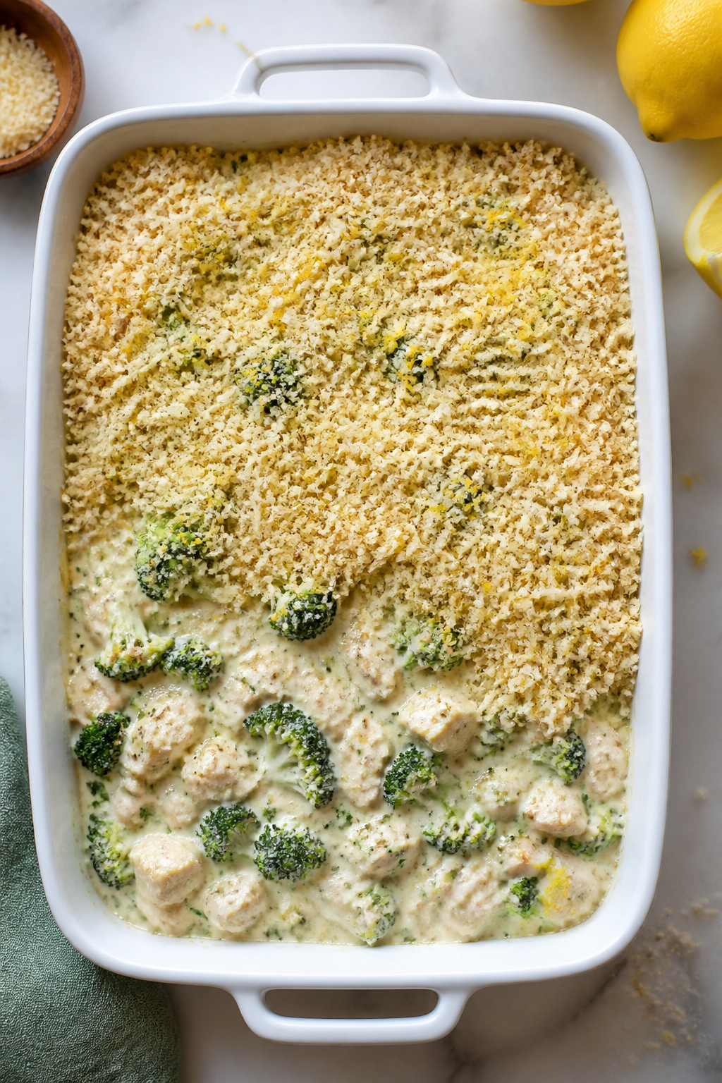 Cooking process shot: Overhead view of the just-assembled casserole before baking, showing evenly co