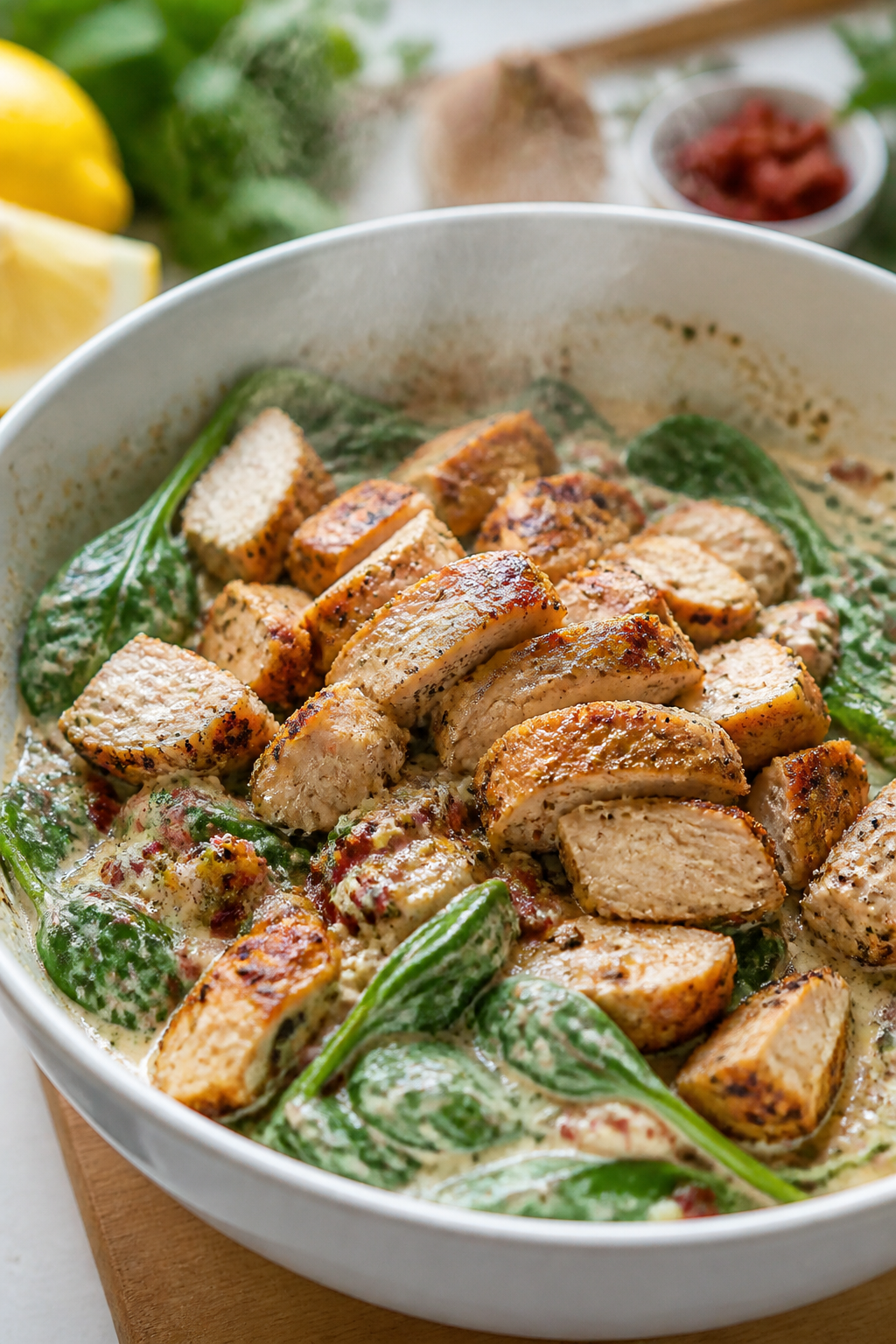 Cooking process shot: Pan-seared chicken breasts just off the skillet, sliced and steaming, showing 