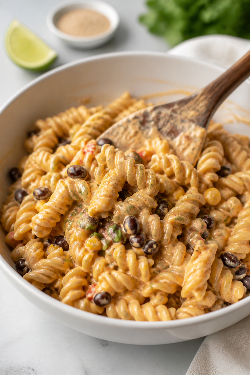 Cooking process shot: Rotini pasta just cooled and glistening after a cold rinse in a stainless cola