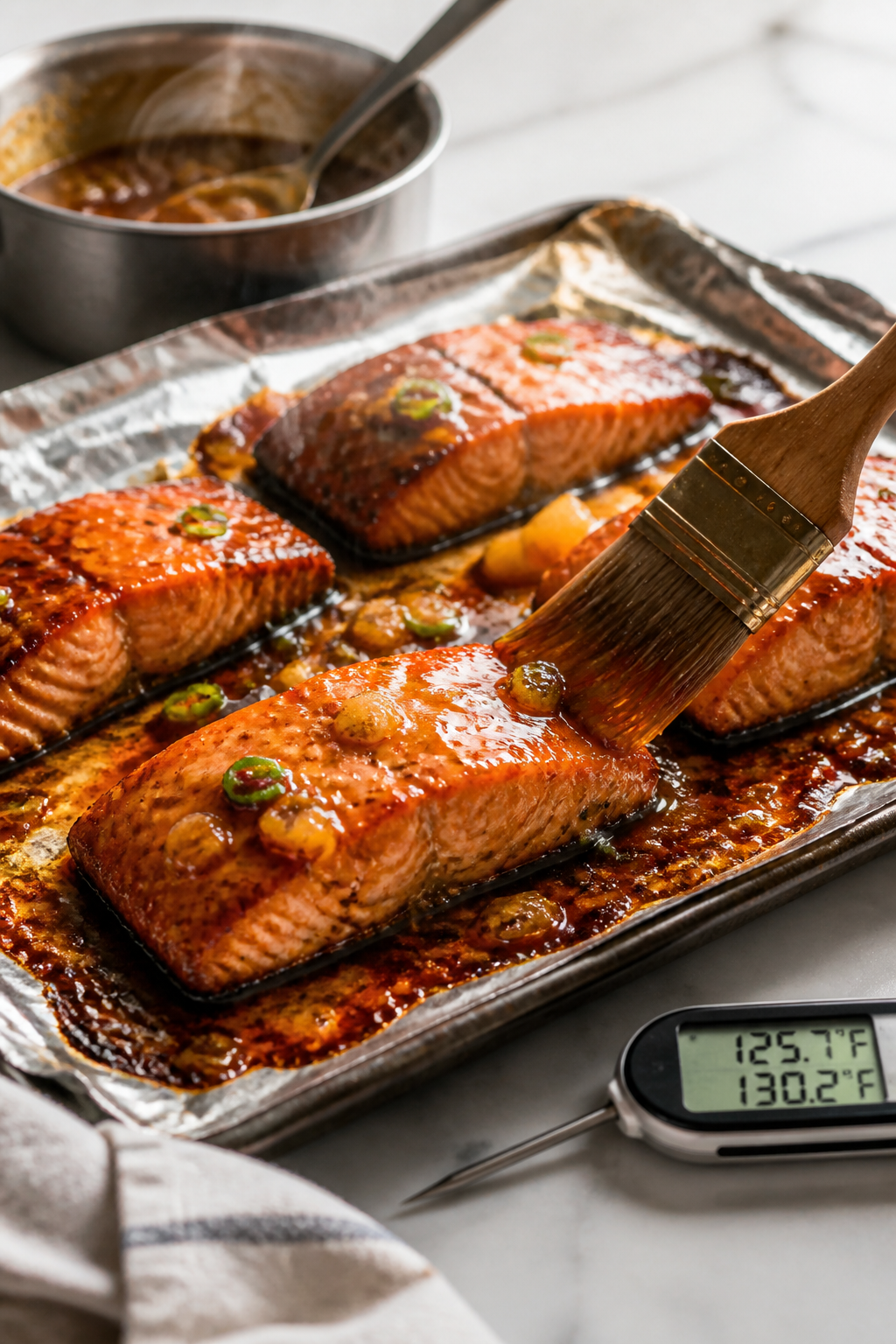 Cooking process shot: Salmon fillets mid-broil on a foil-lined sheet pan, being brushed with a secon