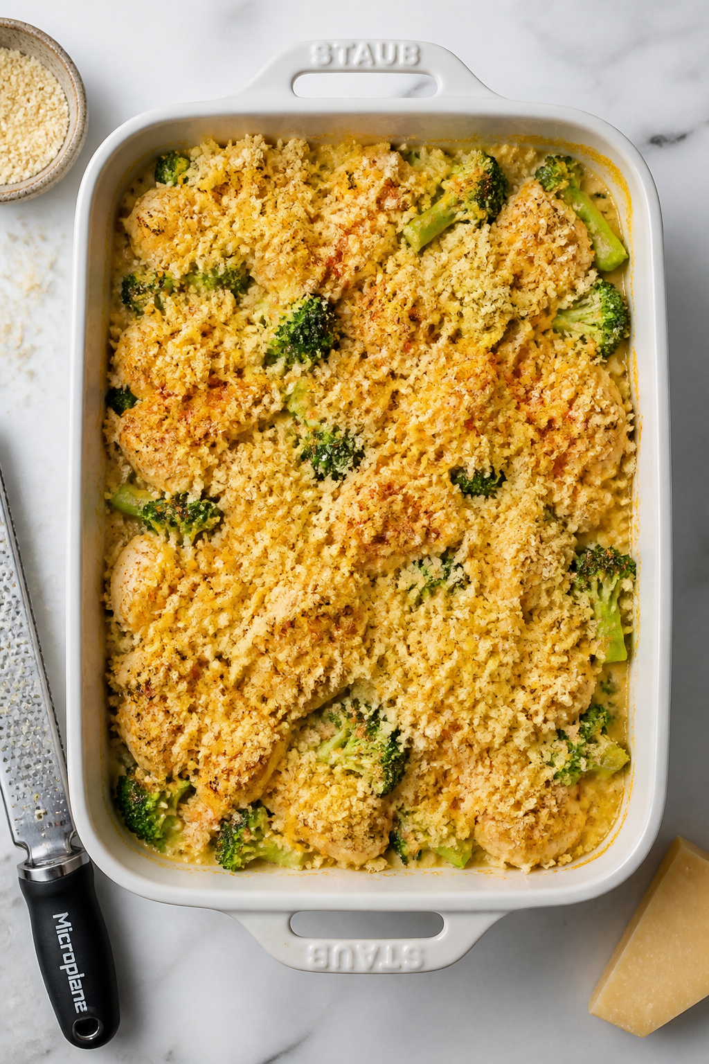 Cooking process shot: The assembled Cheddar Crusted Chicken & Broccoli Bake just before going into t