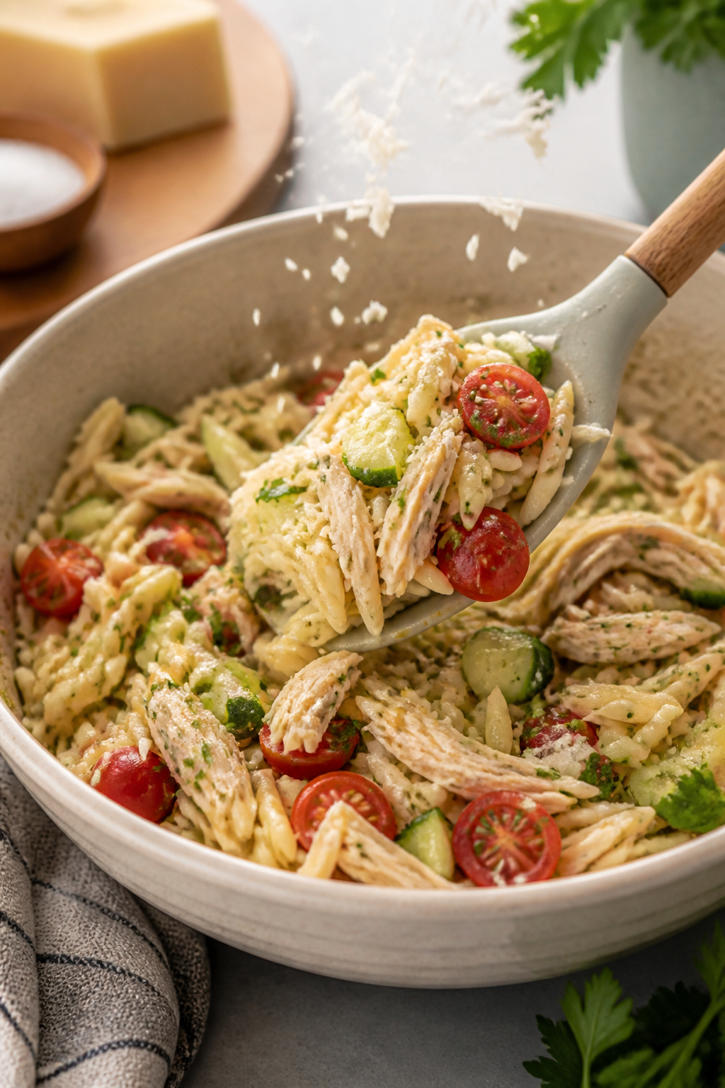 Cooking process shot: Tossing the cooled pasta with the dressing in a large mixing bowl—pasta alre