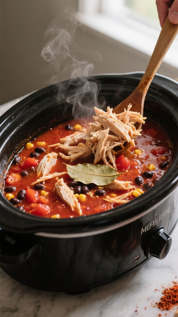 Cooking process: Shredded chicken being stirred back into a simmering slow cooker of chicken tortill