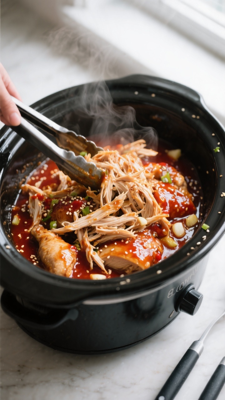 Cooking process – Shredded chicken going back into glossy sauce: Close-up of tender, freshly shred