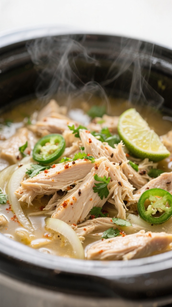 Cooking process: Shredded cilantro-lime chicken in a crockpot just after cooking, steam rising, juic