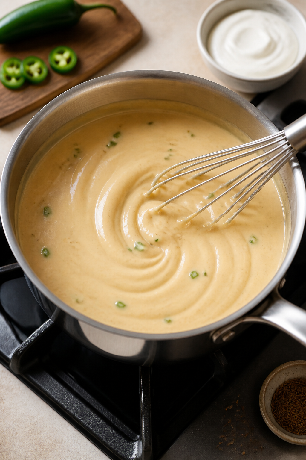 Cooking process: Silky lightened queso being whisked in a small saucepan—cheese fully melted and g