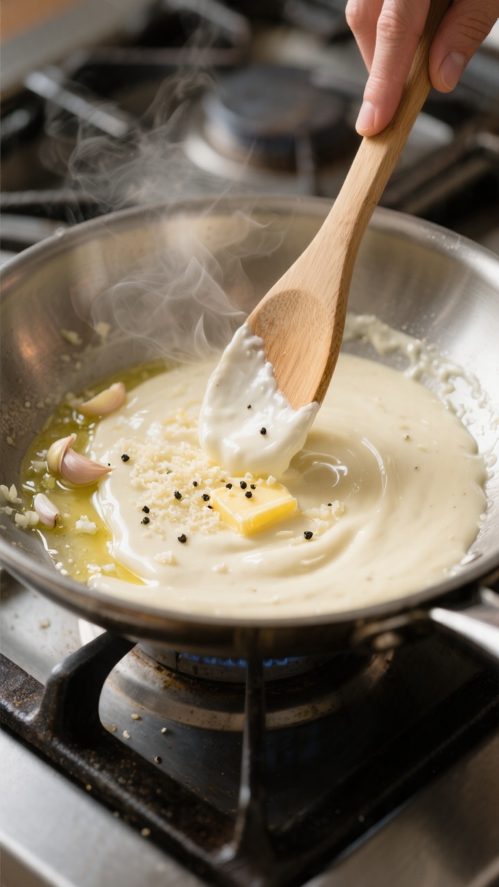 Cooking process — silky sauce coming together: Close-up of a stainless-steel skillet over low heat