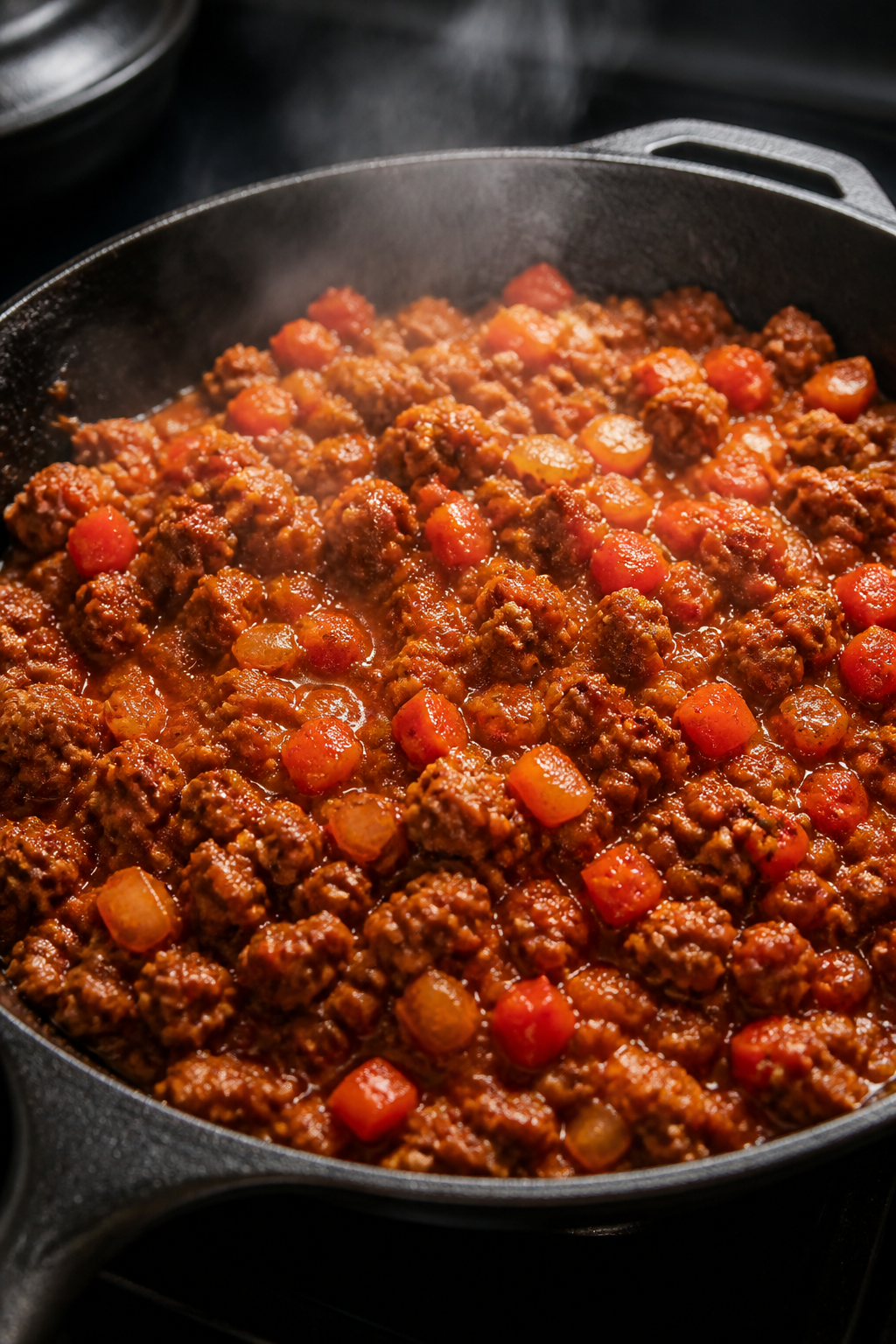 Cooking process, sizzling skillet close-up: Juicy browned ground turkey in a wide cast-iron skillet,