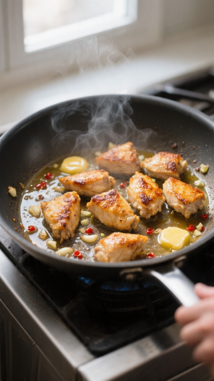 Cooking process, skillet action: Golden-browned chicken bites sizzling in a wide stainless skillet,
