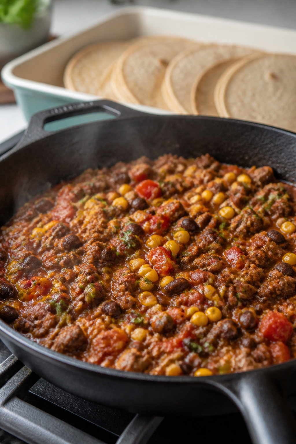 Cooking process, skillet scene: Lean ground beef taco filling simmering in an oven-safe cast-iron sk