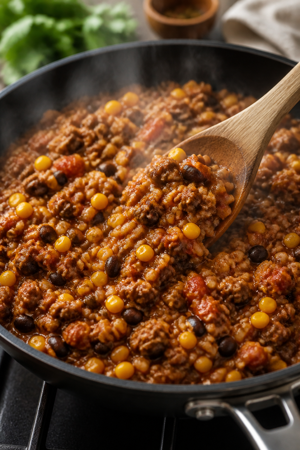 Cooking process: Skillet scene of the cooked taco filling being folded together—crumbled browned t