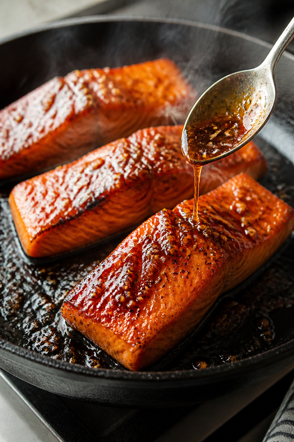 Cooking process, skillet sear: Close-up of salmon fillets sizzling in a black cast-iron skillet, ski