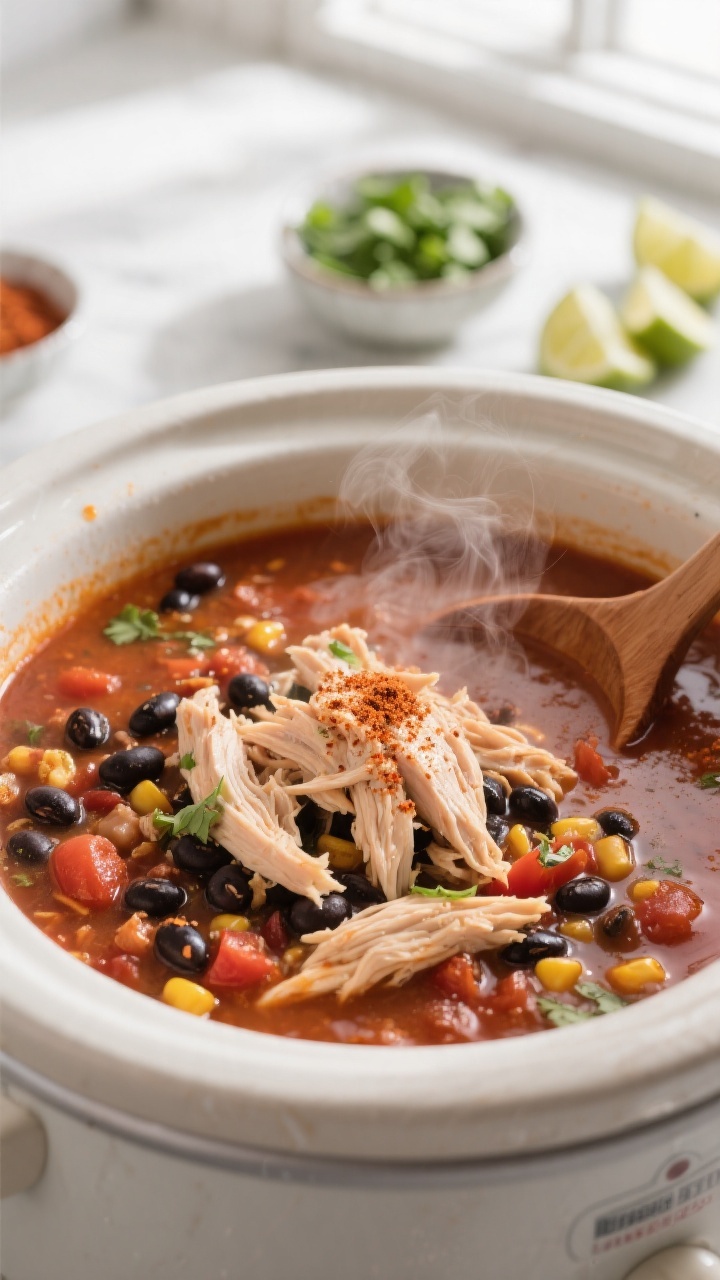 Cooking process – Slow Cooker Chicken & Black Bean Soup bubbling in a ceramic slow-cooker crock, c