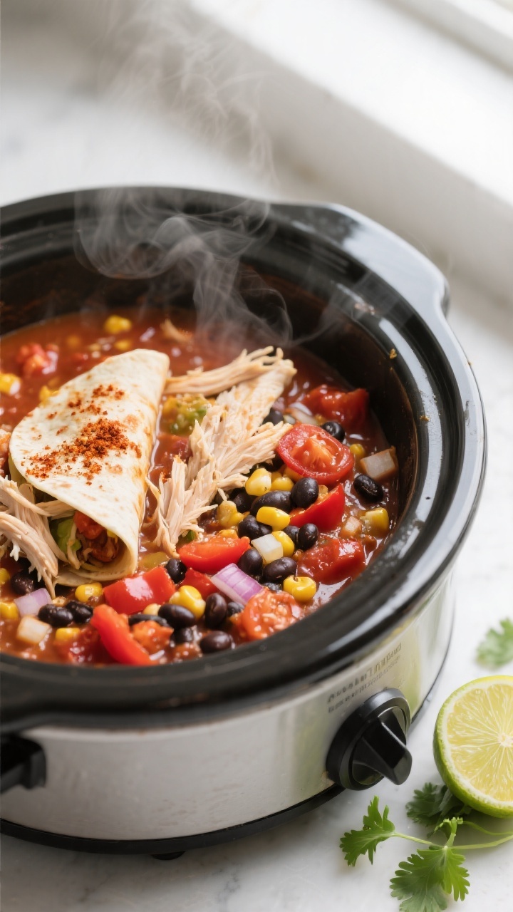 Cooking process — Slow cooker chicken burrito filling mid-simmer: tender shredded chicken just fol