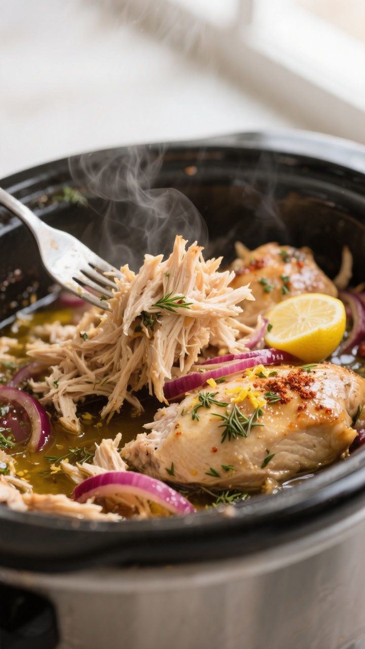 Cooking process — Slow-cooker Greek chicken just after shredding: tender, juicy lemon-herb chicken