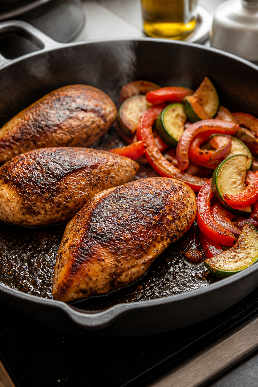 Cooking process — spiced chicken sear: Juicy, spice-rubbed chicken breasts sizzling in a cast-iron