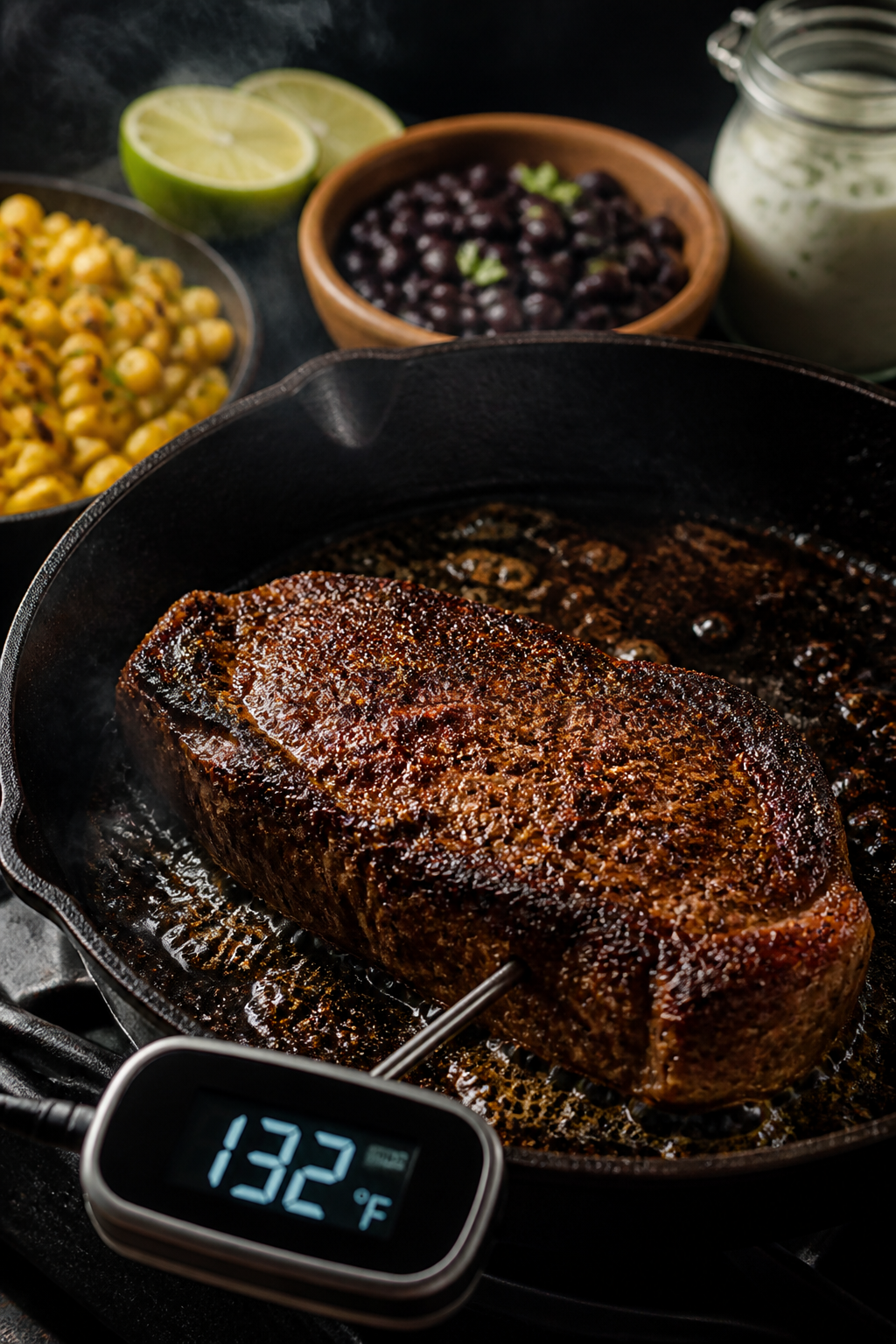 Cooking process: Steak searing in a screaming-hot cast-iron skillet, spice-rubbed surface developing