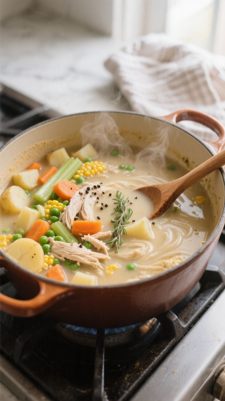 Cooking process, stovetop: A Dutch oven of Chicken Pot Pie Soup mid-simmer with a silky, thickened b