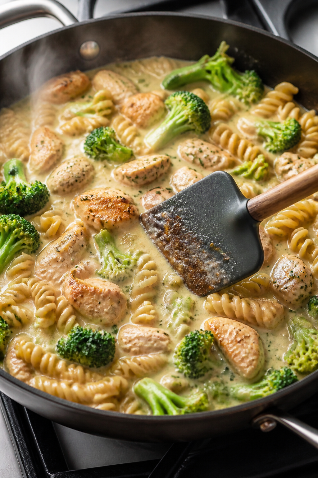 Cooking process, stovetop action: One-pot chicken broccoli pasta simmering in a wide, deep skillet. 