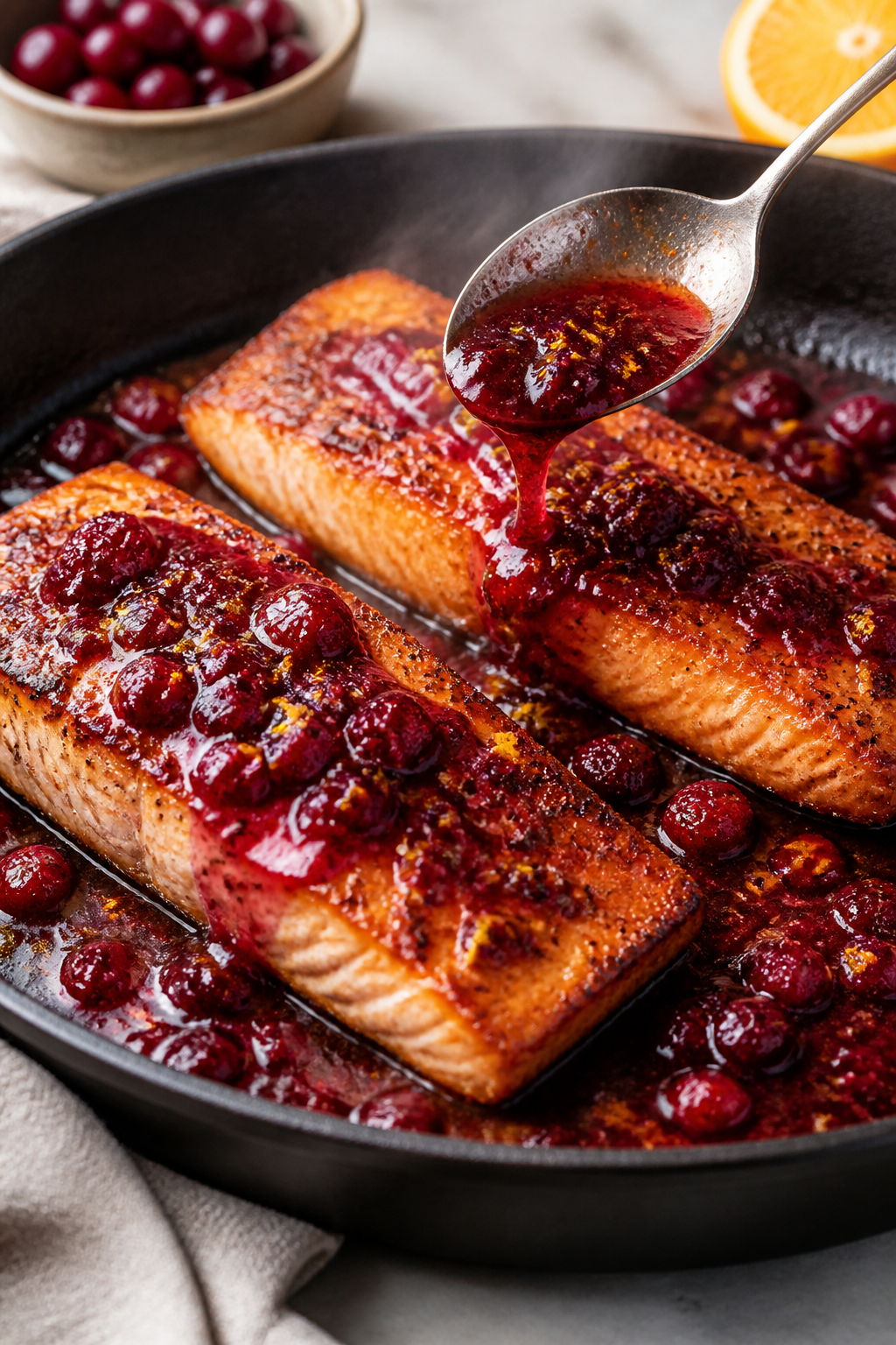 Cooking process, stovetop action: Salmon fillets searing presentation-side down in an oven-safe skil