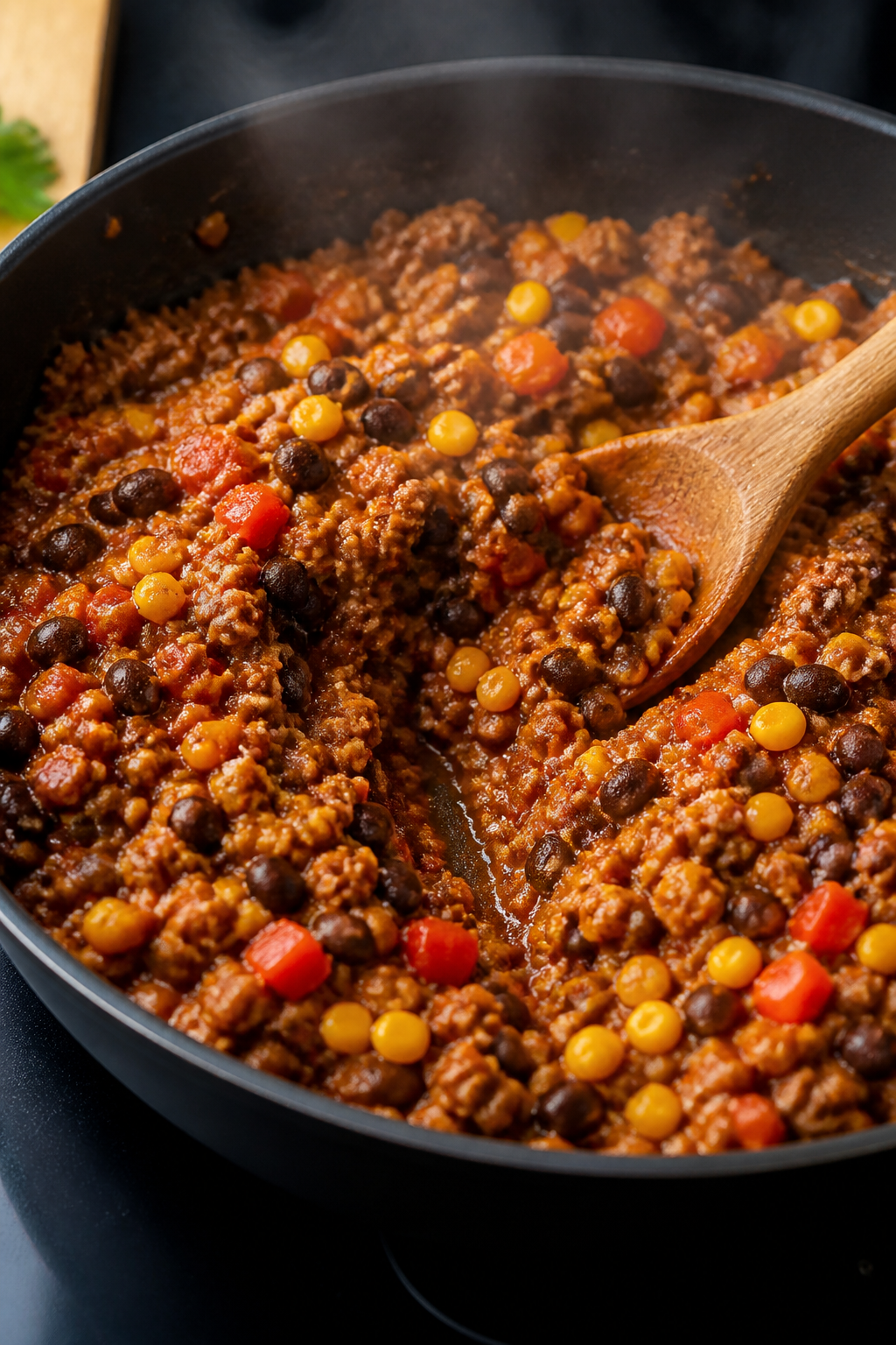 Cooking process, stovetop: Close-up of the taco casserole filling simmering in a wide skillet—brow